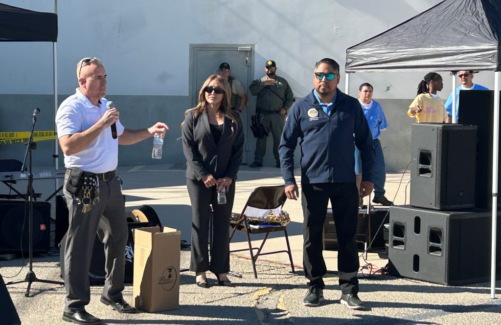 Staff speaks to the incarcerated population at Ironwood State Prison.
