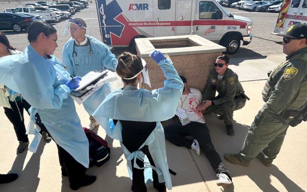 Medical teams evaluate mock patients at Ironwood State Prison.