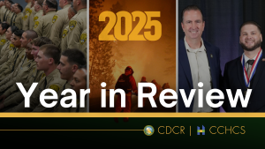 2025 Year in Review feature image of cadets graduating, hand crews walking into a fire, and medal of valor ceremony
