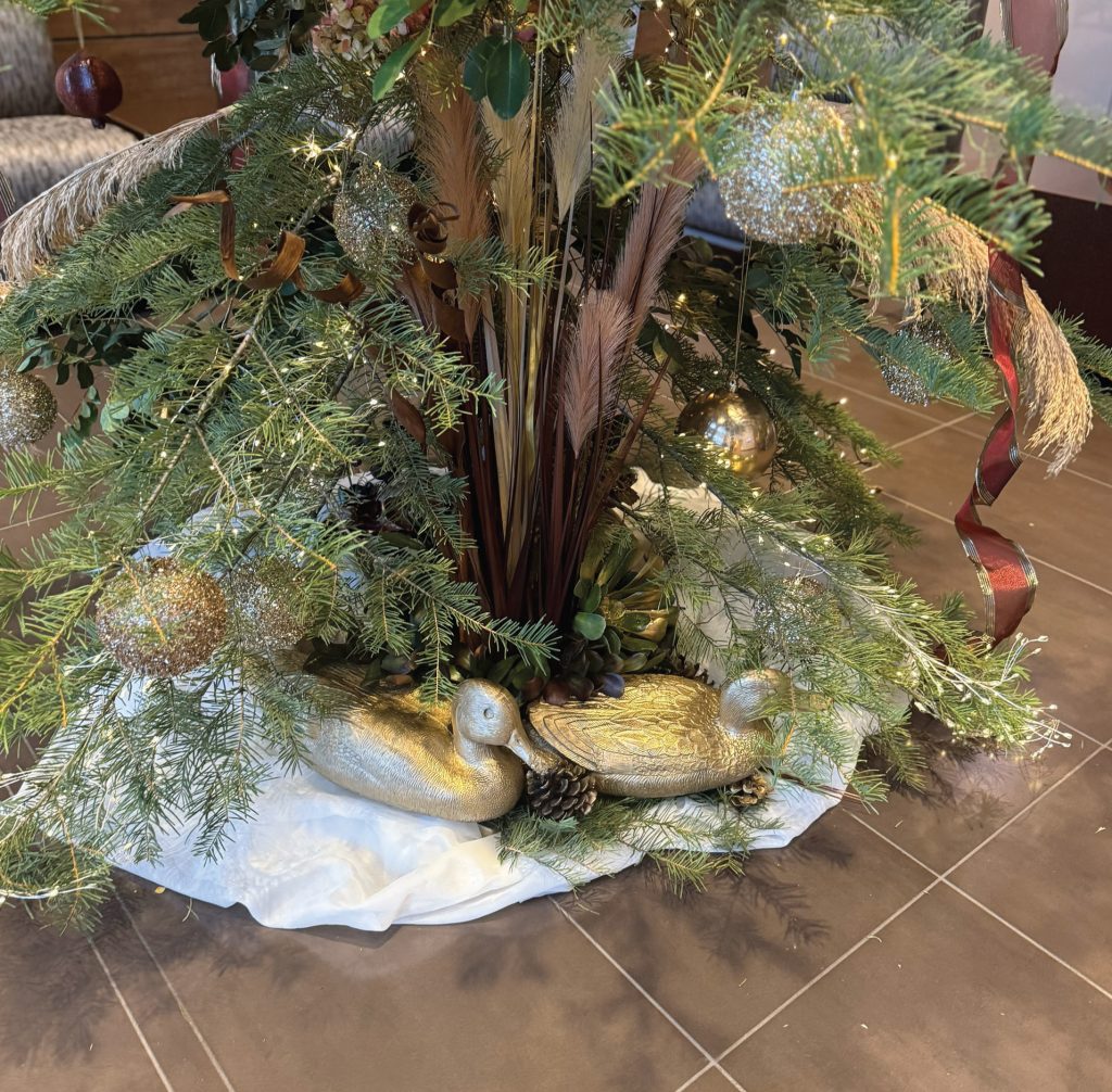 Ducks around the base of the tree in Building D.