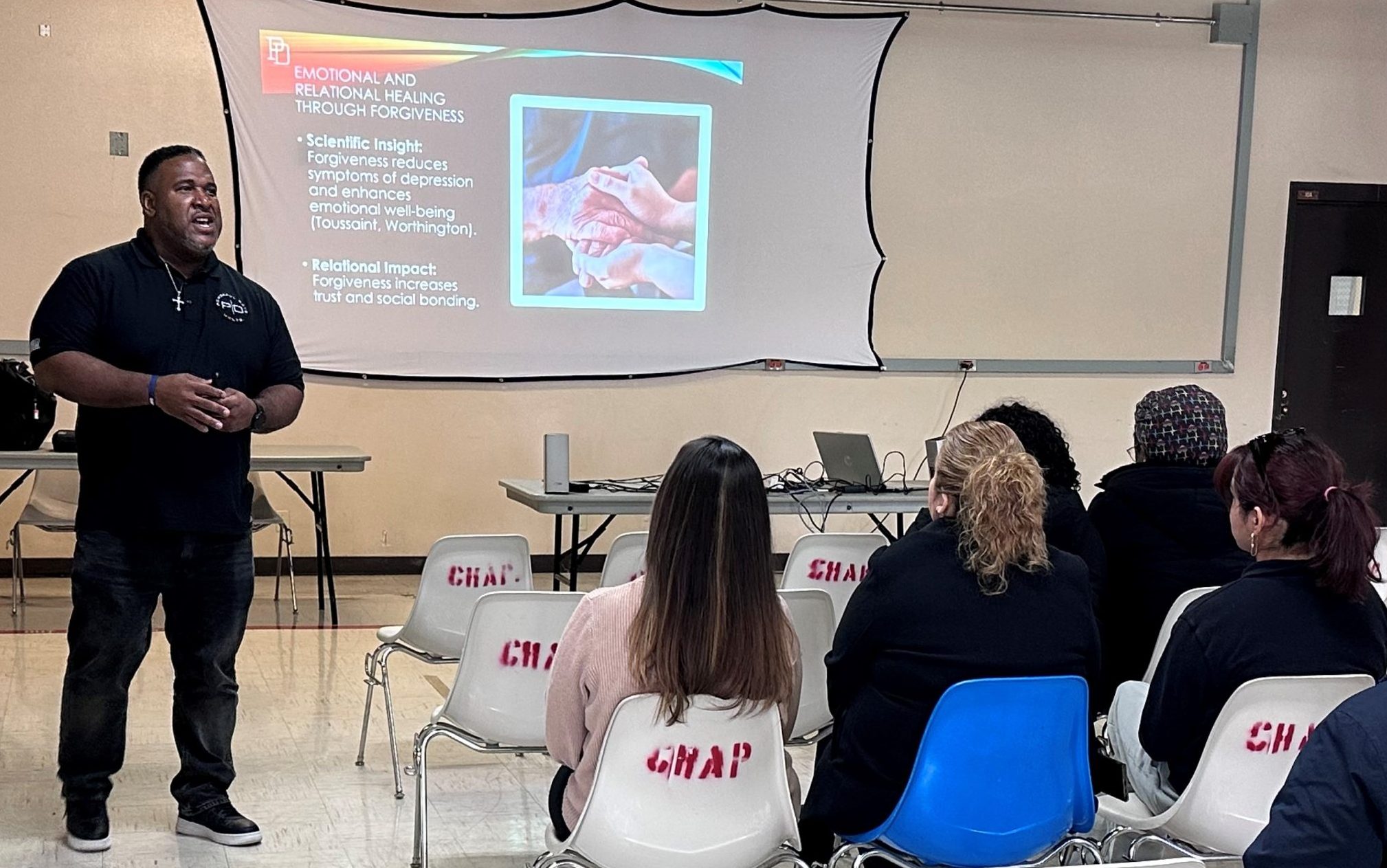 CTF-Soledad staff listen to a wellness presentation in Facility D at the institution on Dec. 3, 2025, Soledad, California.