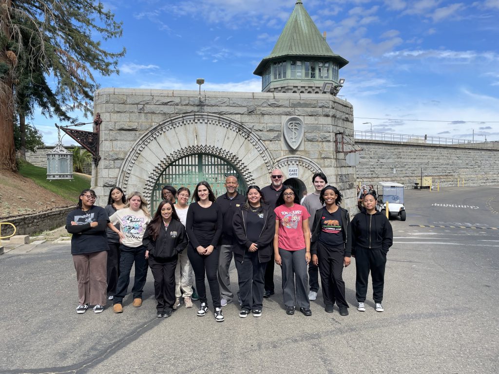 Folsom Lake College students prepare to tour Folsom State Prison.