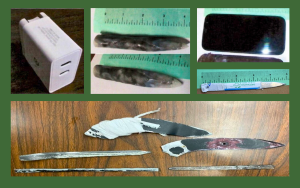 Catching Contraband at CDCR institutions in November 2025 with photos showing weapons, a phone, and charging block.