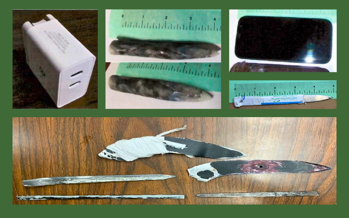 Catching Contraband at CDCR institutions in November 2025 with photos showing weapons, a phone, and charging block.