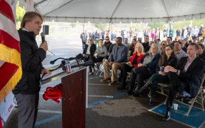 Retired General Manager Bill Davidson speaks during the ceremony for CALCTRA.