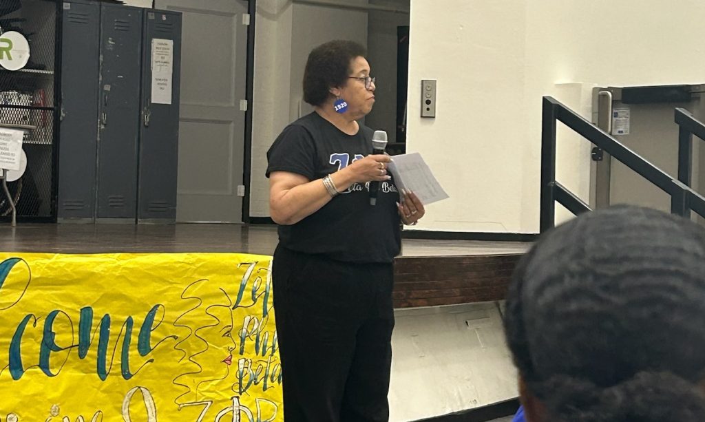 A woman speaks at an event for Black History Month at California Institution for Women in Chino.