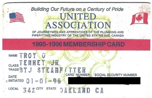 Troy Tenhet union card from 1995.