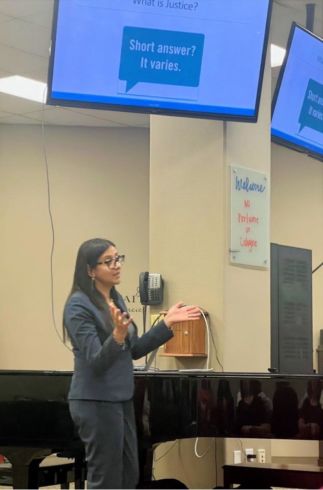 Office of Victim and Survivor Rights (OVSRS) and Services Chief Mariam El-Menshawi speaking at their San Bernadino District Attorney all staff training
