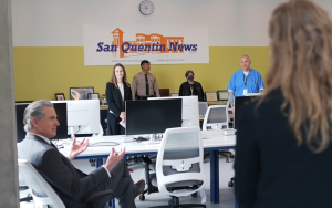 Gov. Gavin Newsom checks out the new San Quentin Learning Center (video still shot).