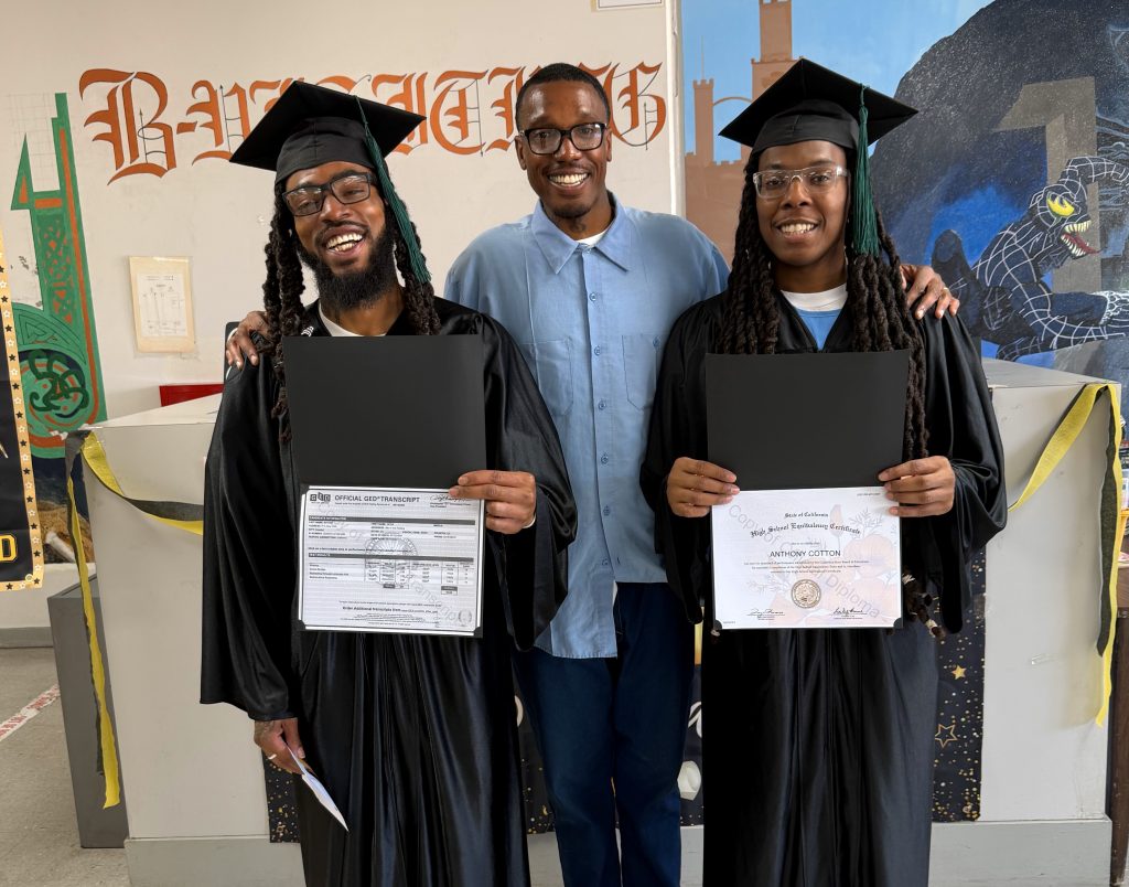 Celebrating graduation at one of the ceremonies at Salinas Valley State Prison.