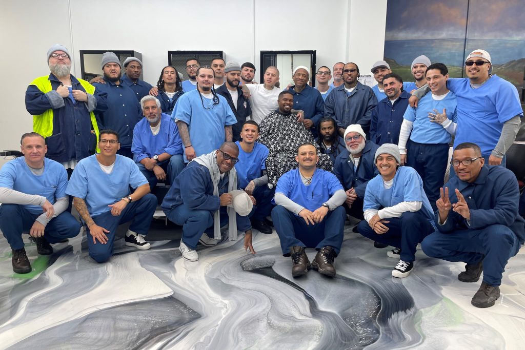Valley State Prison barbershop vocational program group photo with Vic Blends, Chowchilla, California, February 2026.