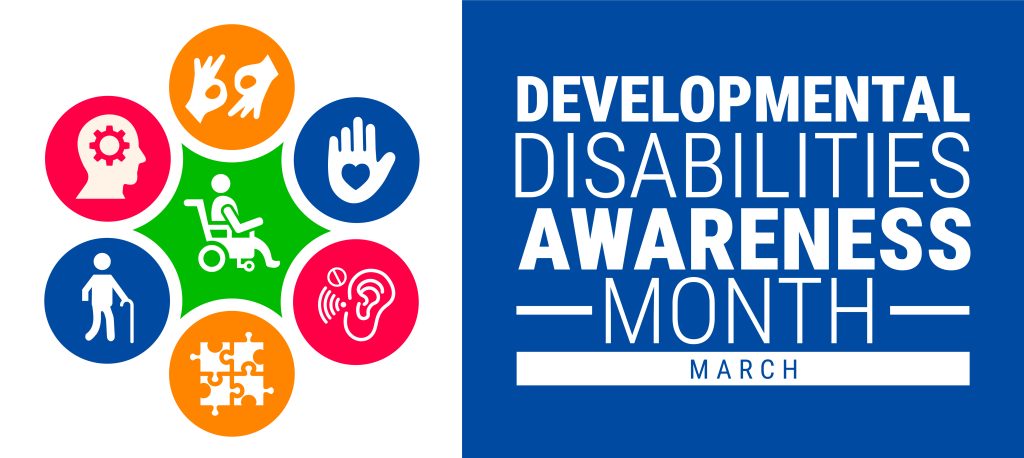 Graphic banner with visual icons for developmental disabilities awareness month