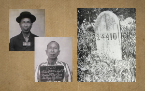 Two 1910 mugshots of Ah Sun, 24410, and his grave marker at San Quentin. Ah Sun died in the prison hospital in 1915.