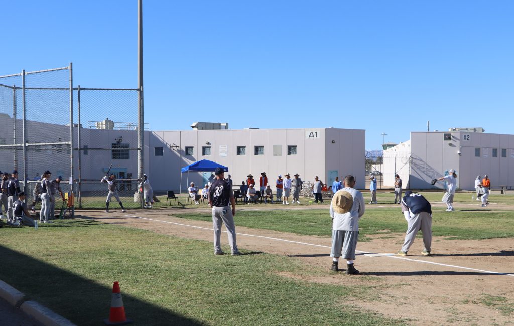 Incarcerated players at Centinela against Saints Prison Ministry softball team.