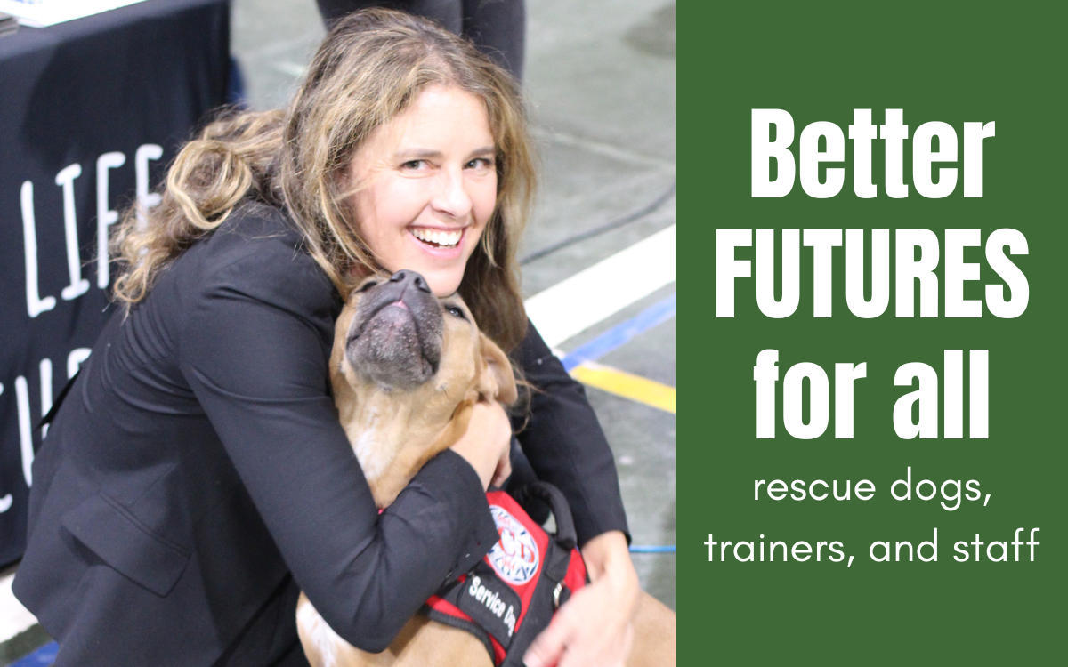 CMF Paws for Life banquet shows woman hugging dog with the following words superimposed: Better futures for all: rescue dogs, trainers, and CMF staff.