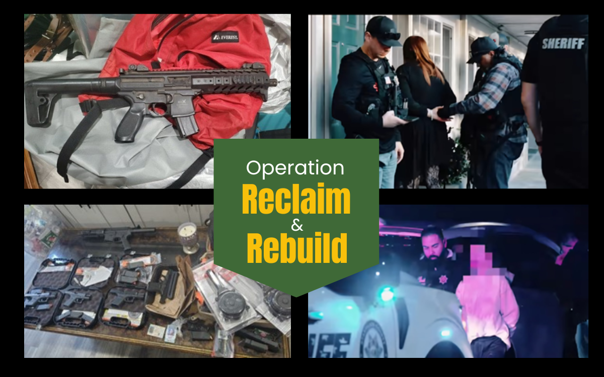 Four photos of weapons and suspects being arrested during a human trafficking operation involving California state parole agents and other law enforcement agencies. It was called Operation Reclaim and Rebuild.