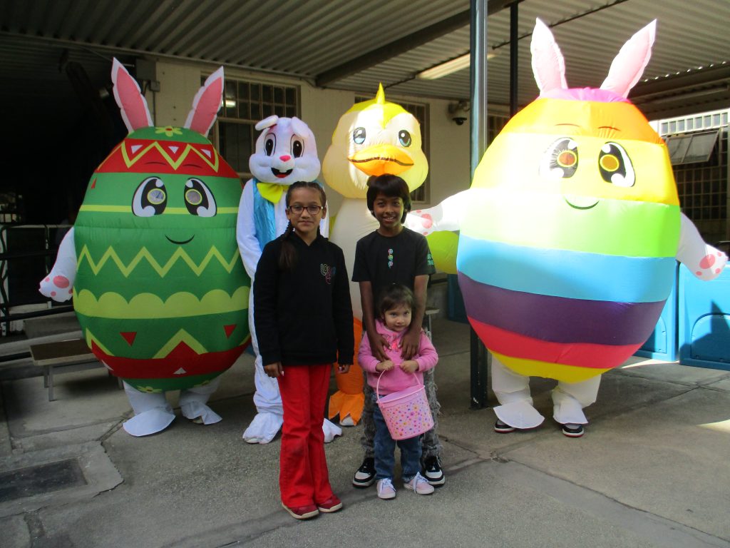 Easter visiting at CMF with people wearing egg costumes.