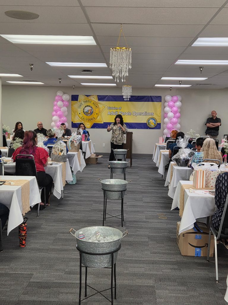 View of large room with people sitting at tables with gift baskets and woman speaking to people at the front of the room, DAPO sign on the wall.
