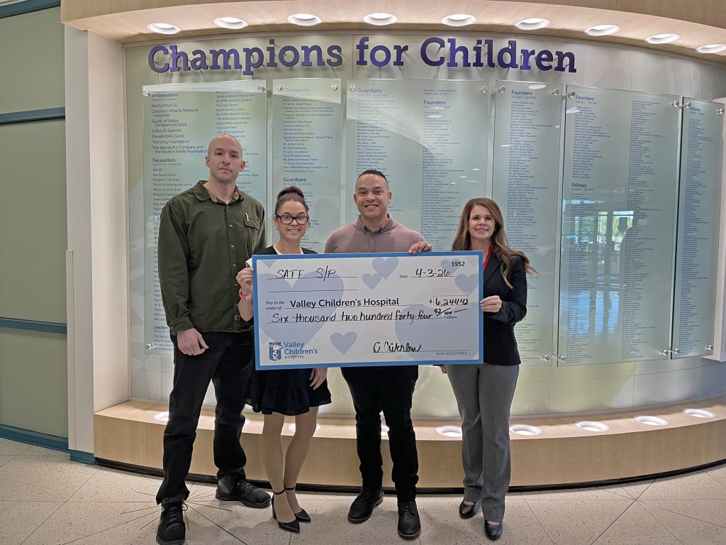 SATF staff, including Associate Warden Carrie Critchlow, Associate Warden (A) Ethan DeLaCruz, AA/PIO Kyle Cade and Executive Assistant Nicole Pendergrass met with executive staff from the Valley Children's Hospital to present the check.