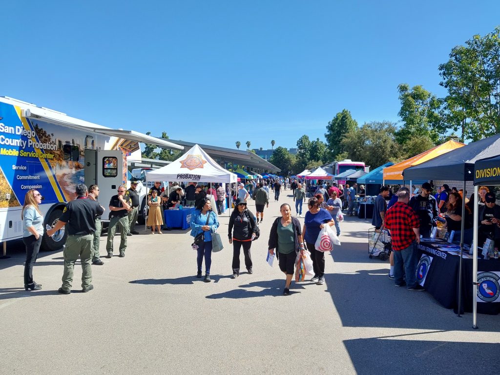 Many people walking outside with booths set up along walkway