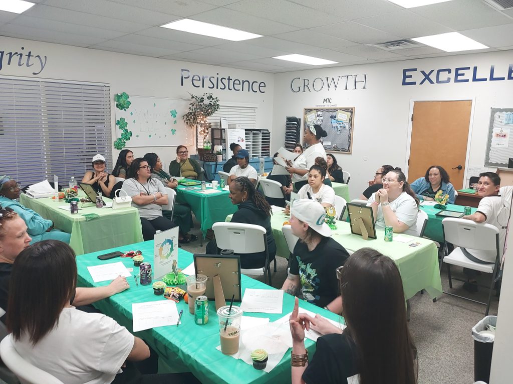 Large group of women sit at tables