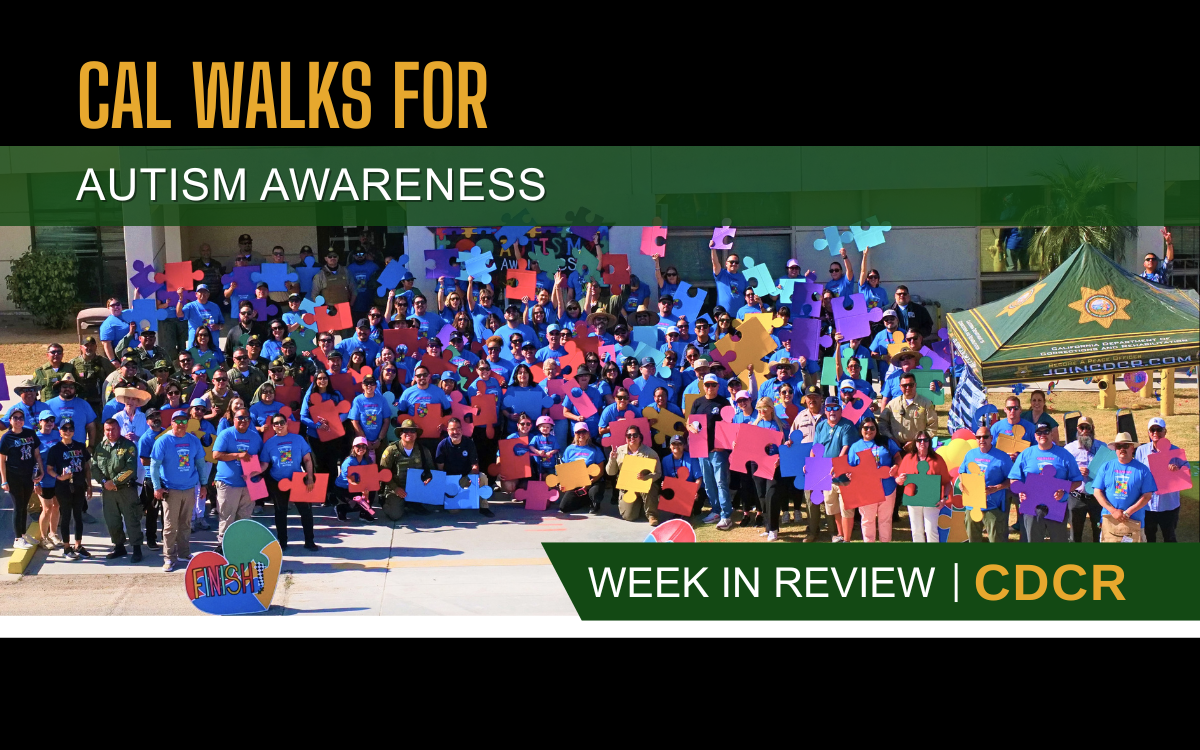 large group photo of CAL staff and retirees for autism awareness walk, feature image graphic for week in review