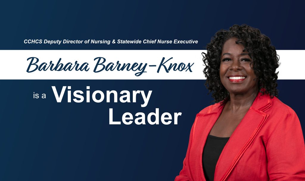 Graphic banner with Barbara Barney-Knox headshot and text: deputy director of nursing and statewide chief nurse executive, is a visionary leader
