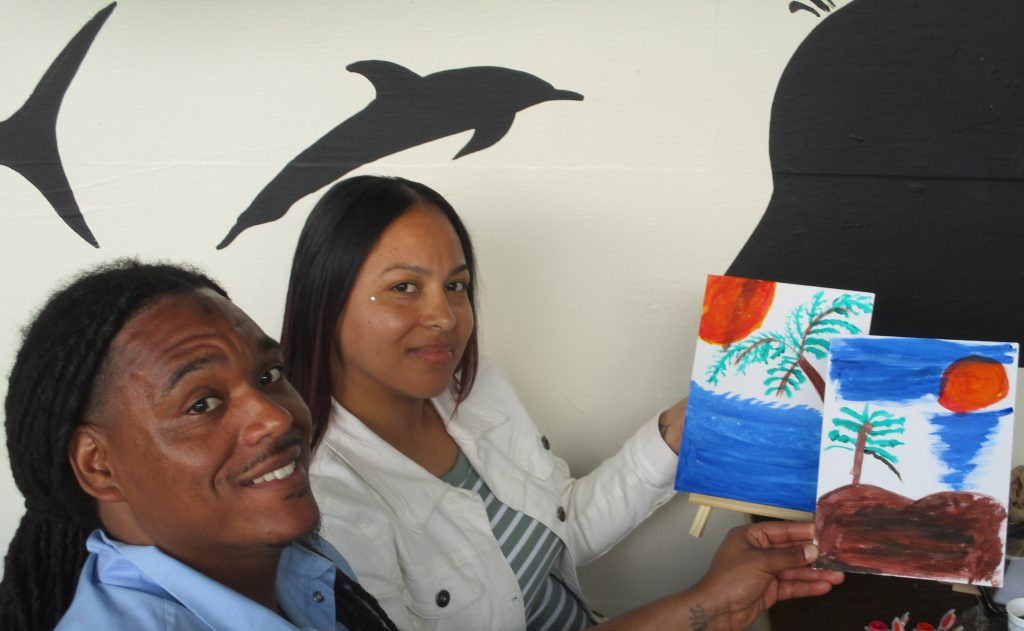 An incarcerated person and a woman visiting him at CMF during Mother's Day.