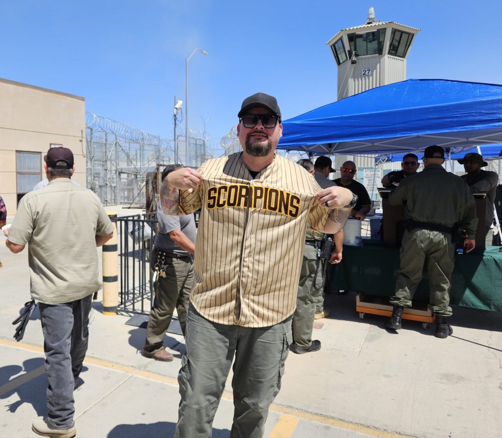 Wearing a sports jersey for Jesey Day at Centinela State Prison.
