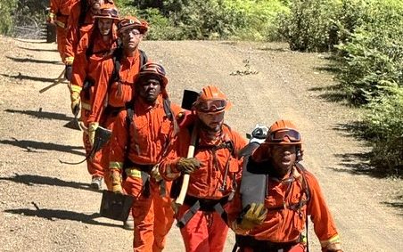 Incarcerated hand crews do a four-mile hike in full gear during the Eel River fire preparedness exercise.