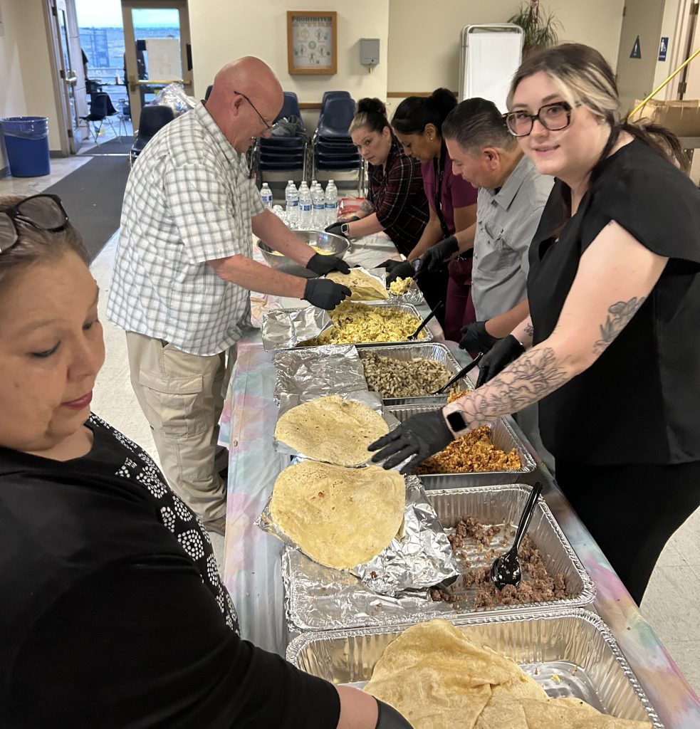 Managers and the Employee Association prepare 200 breakfast burritos for staff getting off first watch at CSP-Los Angeles County, May 13, 2026.