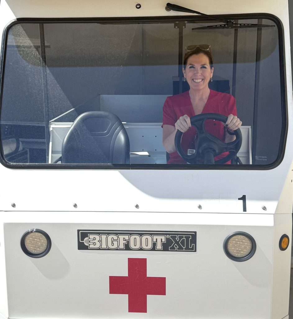 Molly Coyle in a medical vehicle at the prison.