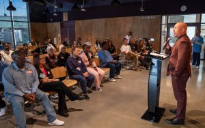 San Quentin Warden Chance Andes welcomes people to the grand opening ceremony of the new Media Center, April 15, 2026.