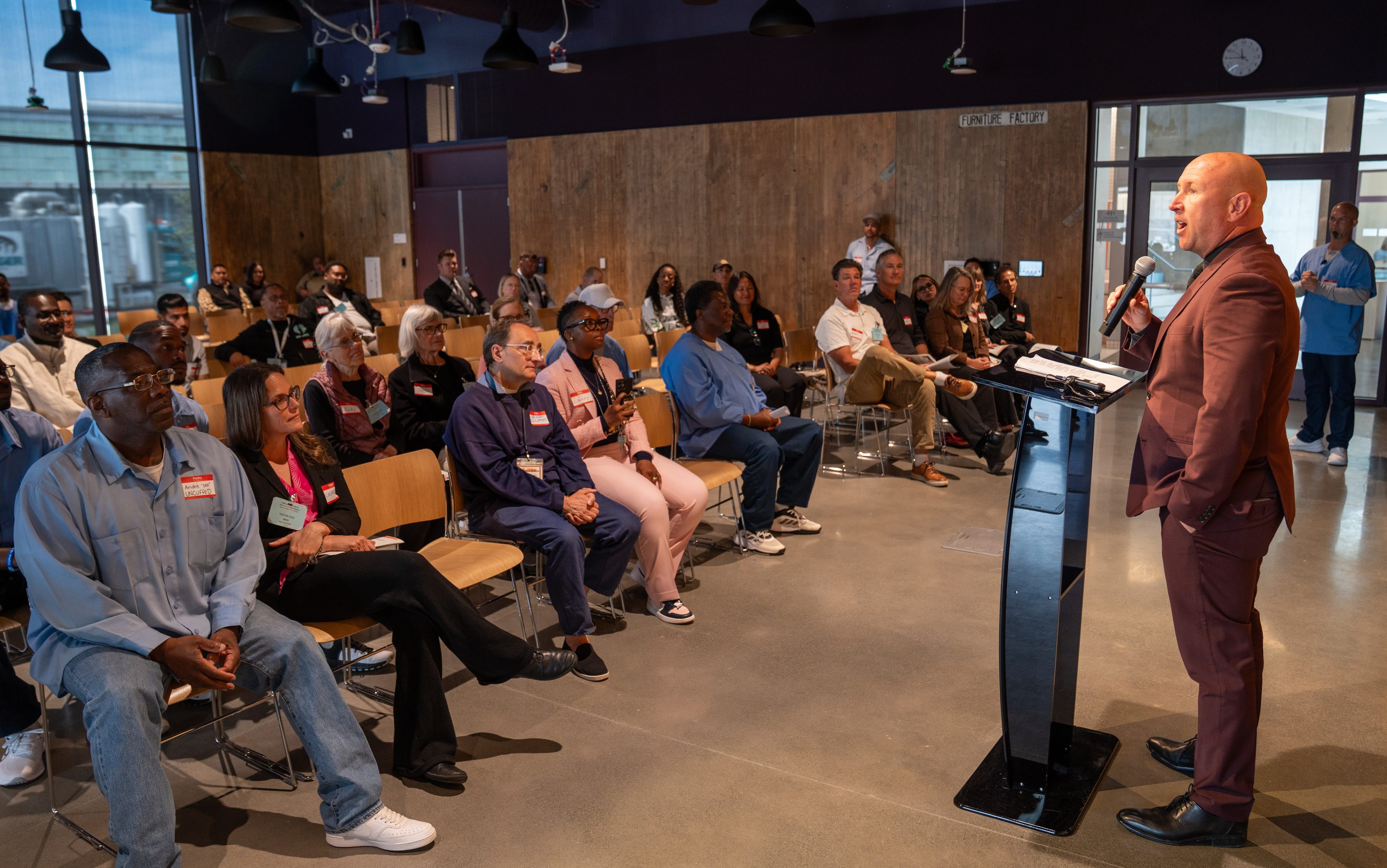 San Quentin Warden Chance Andes welcomes people to the grand opening ceremony of the new Media Center, April 15, 2026.
