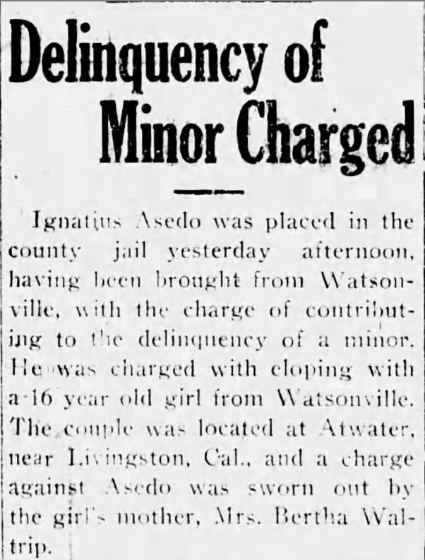 A 1924 newspaper clipping of Ignatius Asedo charged with contributing to the delinquency of a minor.