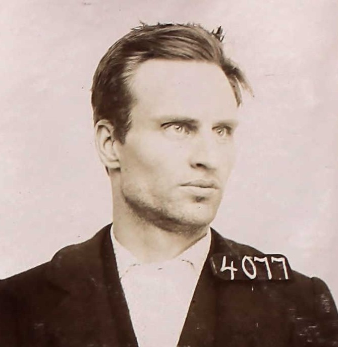 Looking to the side, William H. "Kid" Thompson at Folsom State Prison in 1897 to serve a life sentence.
