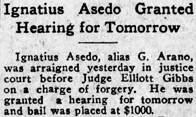 A newspaper story on Asedo facing charges for passing a bad check.