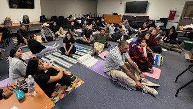 Meditation and breathing techniques at the Peer Support Program training at Calipatria State Prison.