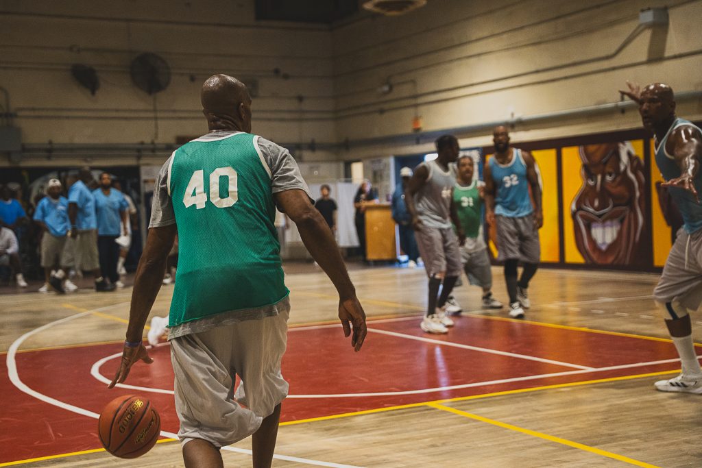 A group of people go for the ball during the CIM tournament.