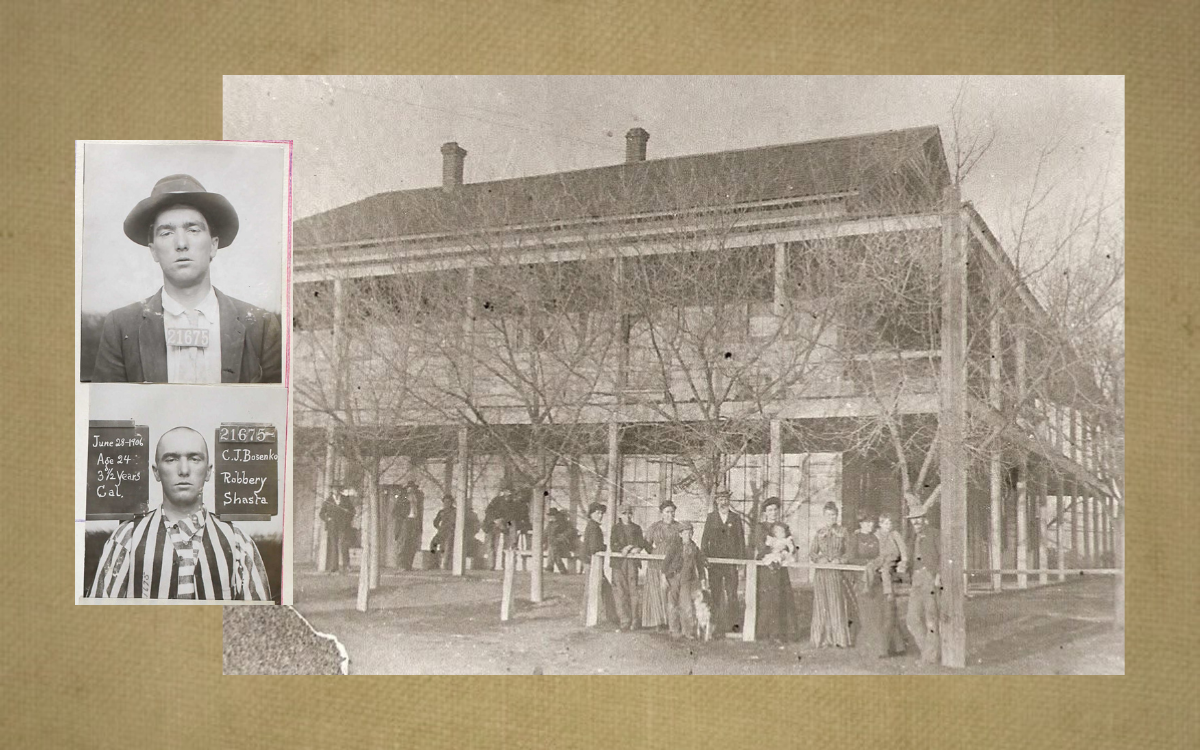 Mugshots of CJ Bosenko and an undated photo of the Cottonwood Hotel in Cottonwood, California.