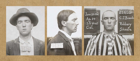 CJ Bosenko, 21675, three mugshots from San Quentin in 1906.