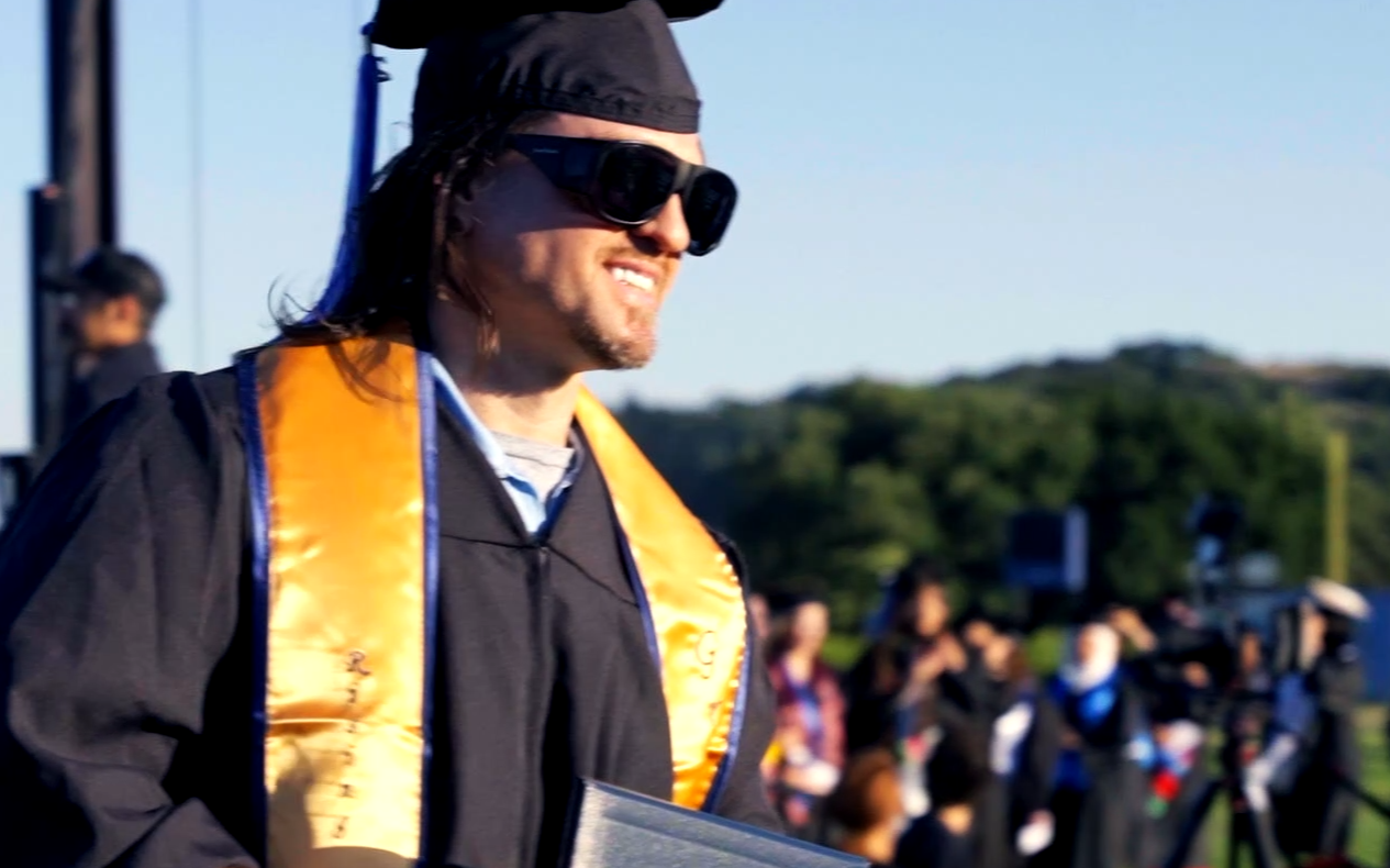 A CMF incarcerated students graduates and attends the ceremony at Solano Community College.