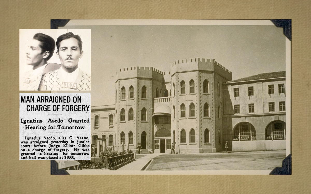 A newspaper headline, a mugshot of Ignatius Asedo and an image of San Quentin from the 1920s.