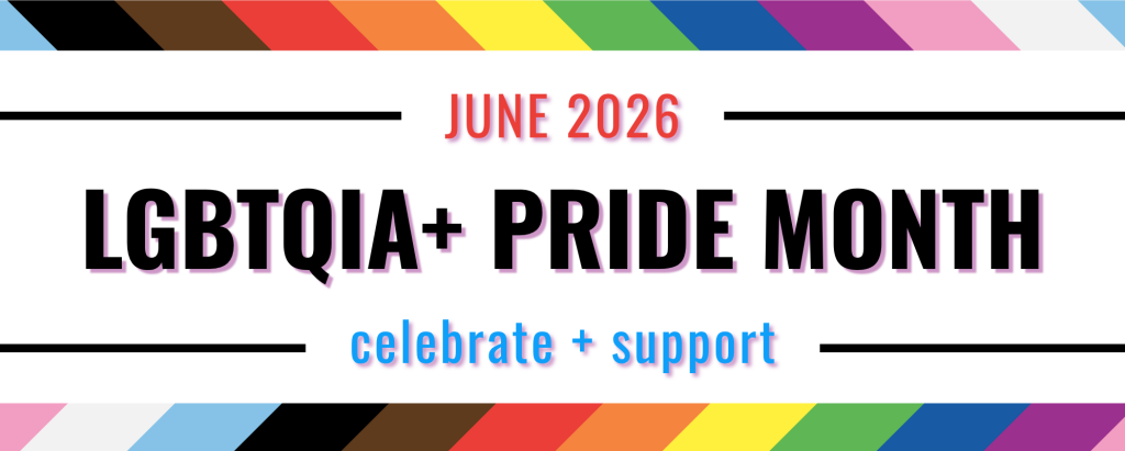 Celebrate and support LGBTQIA+ month graphic with solidarity stripes
