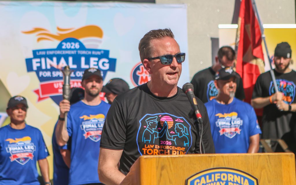 Secretary Jeff Macomber speaks at the Capitol leg of the Law Enforcement Torch Run.