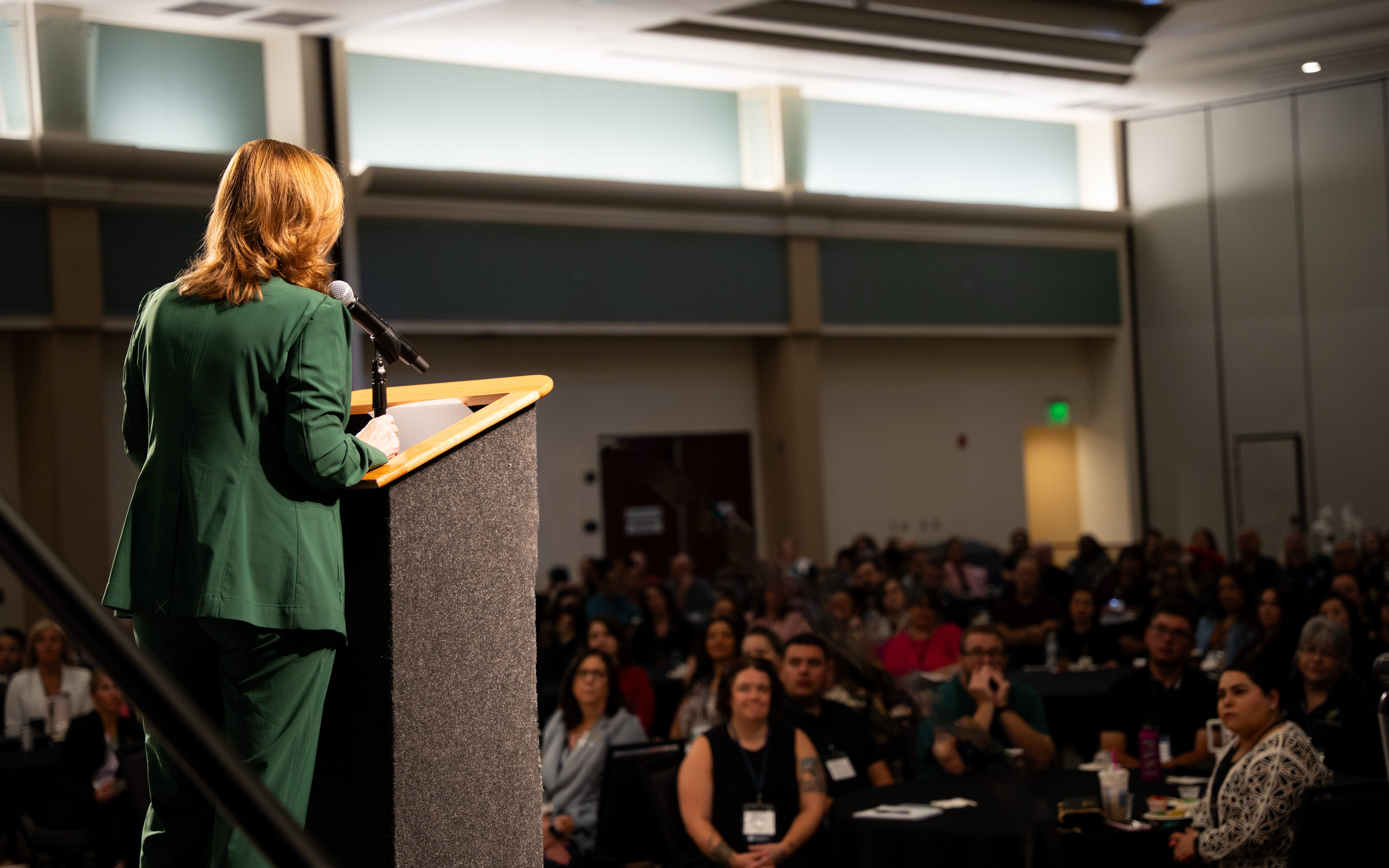 A professional speaks from a lectern during the Leading without a Badge conference for law enforcement agencies, led by DAPO.