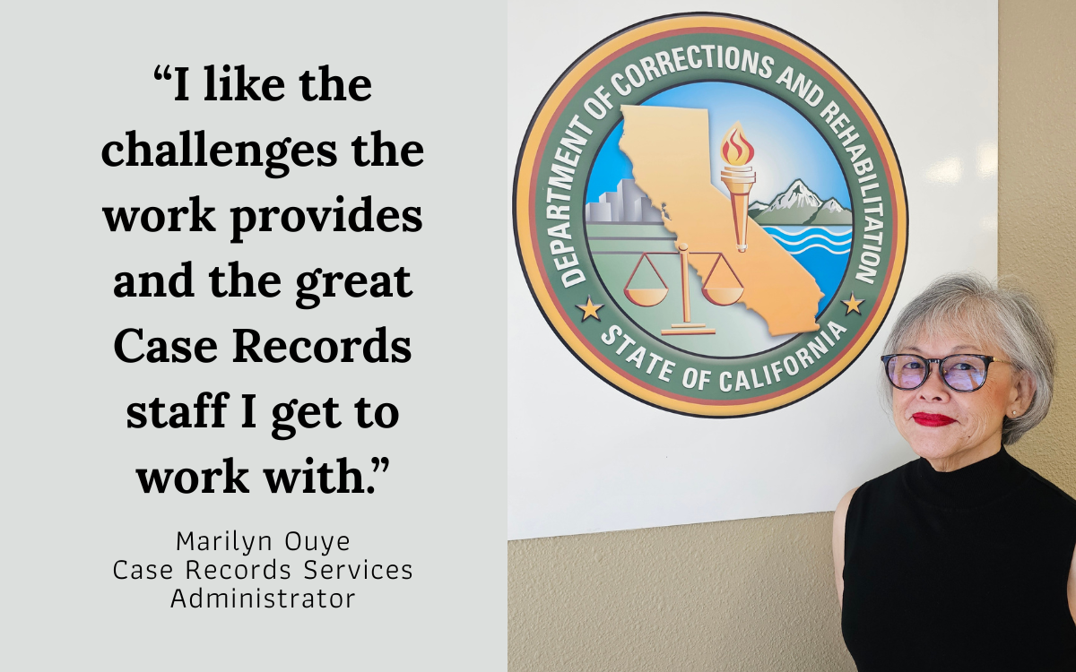A quote, the CDCR logo and Marilyn Ouye who has worked for CDCR since 1975, totaling more than 50 years.