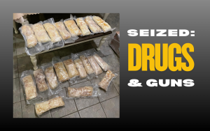 Seized: Drugs and Guns with photo of methamphetamine in packages from Operation Hands Down, a major gang takedown.