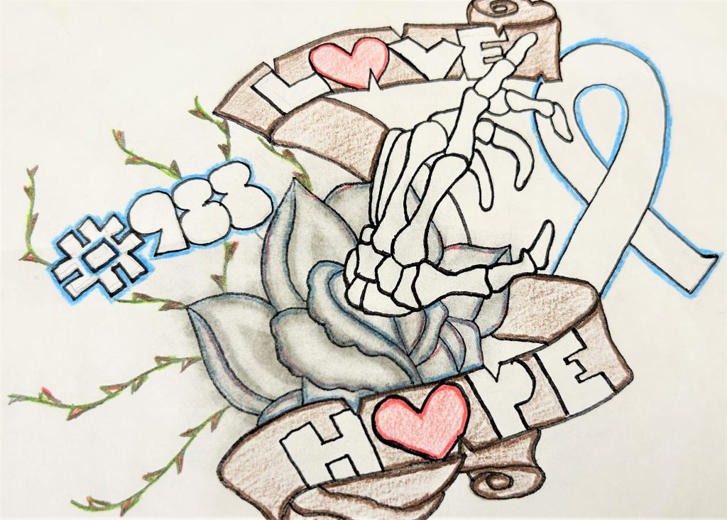 SCC artwork reads "love & hope" promoting mental health awareness