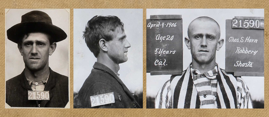 Three mugshots of Charles "Sid" Horn, 21590, in 1906 at San Quentin State Prison. 